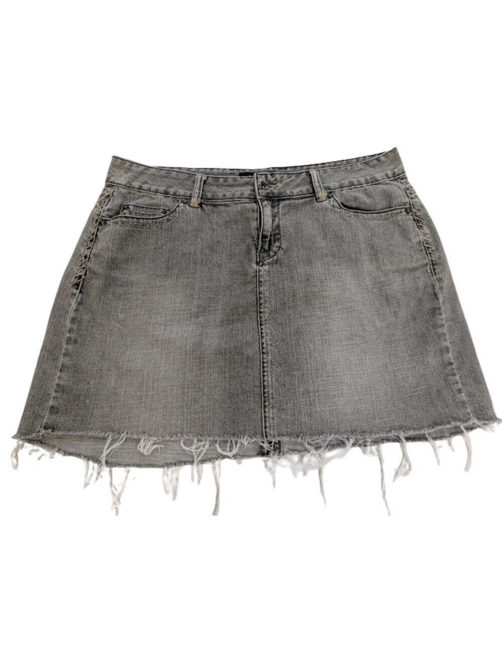Calvin Klein Denim Skirt L Gray Distressed Grunge Lace Up Y2K Mini